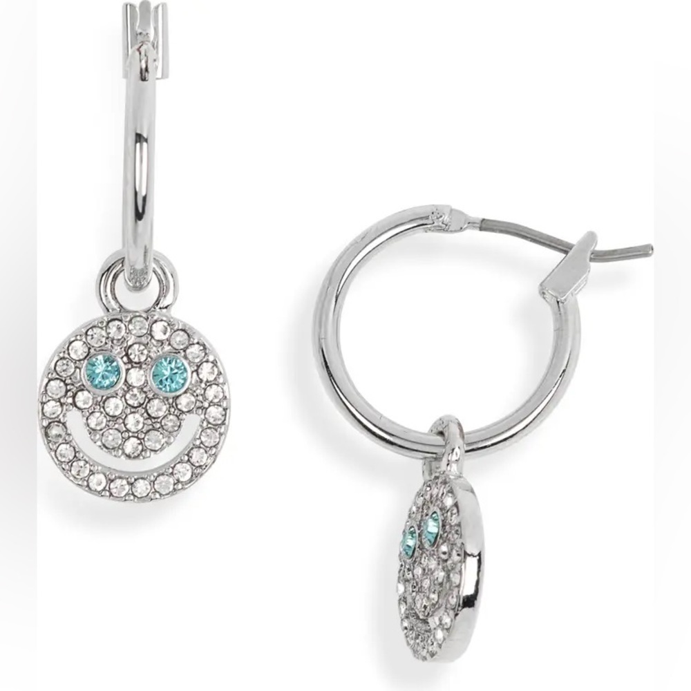 ASOS DESIGN Crystal Smiley Hoop Drop Earrings, SILVER, One Size, NWT